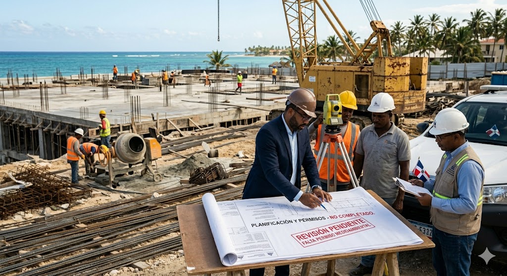 Construction permit documents and building approvals for a real estate development project in the Dominican Republic.