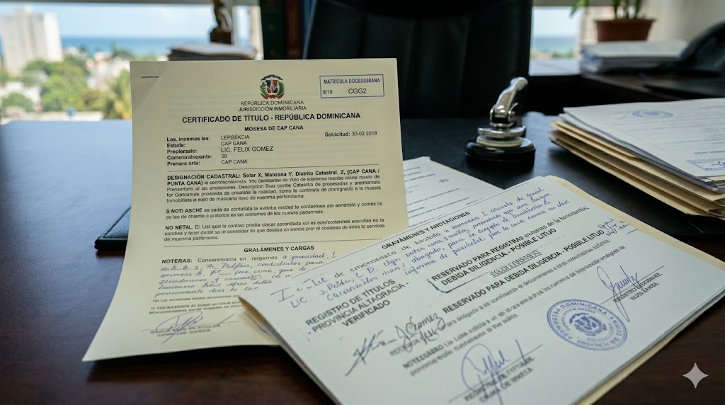 Dominican Republic Certificate of Title showing legal annotations and encumbrances.