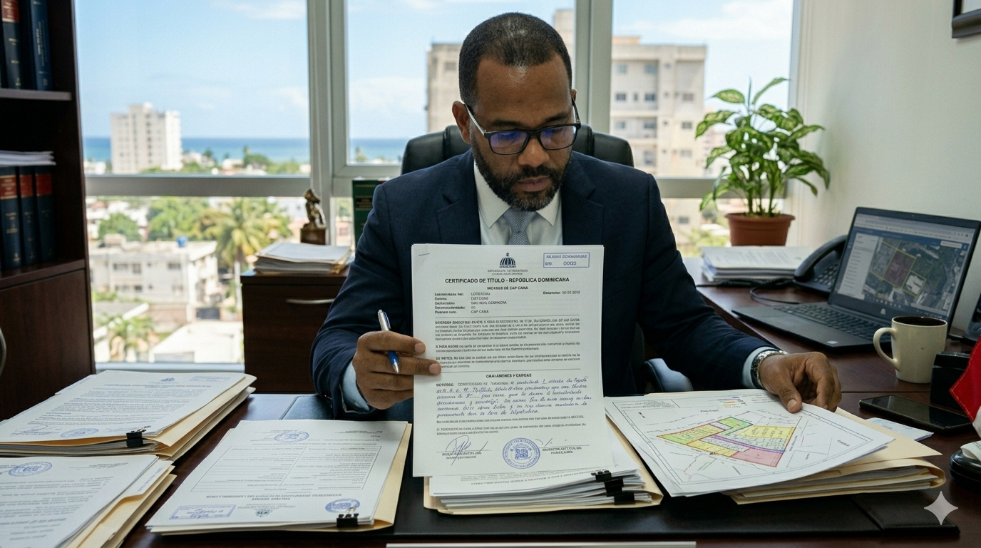 Real estate attorney reviewing legal documents during property due diligence in the Dominican Republic.