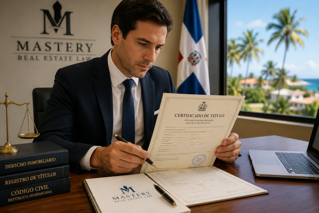Lawyer reviewing a property title certificate in the Dominican Republic