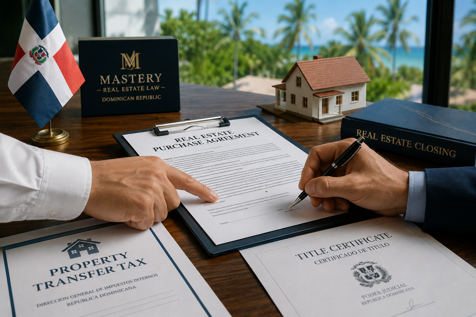 Real estate closing documents related to property transfer taxes in the Dominican Republic.