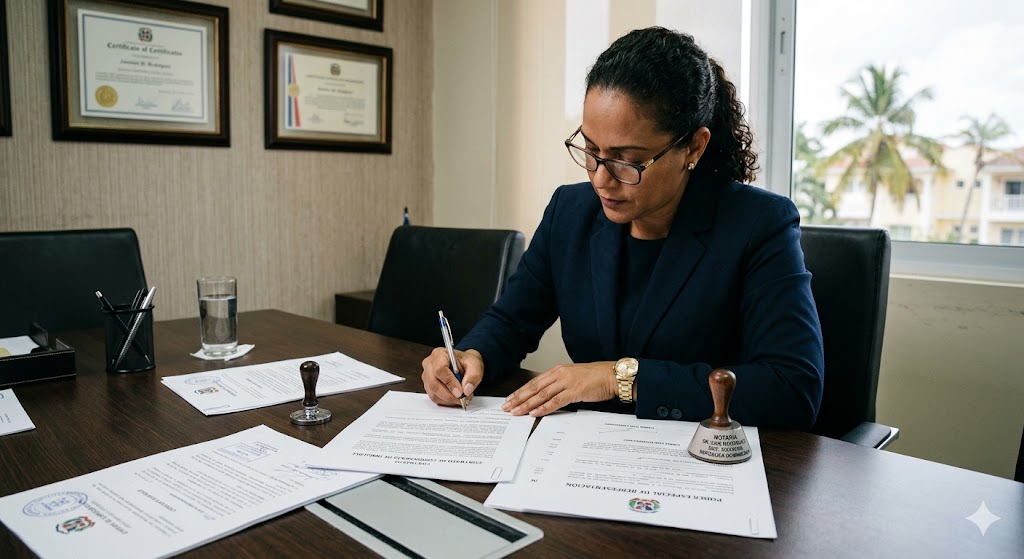 Real estate attorney signing transfer documents under a power of attorney in the Dominican Republic.