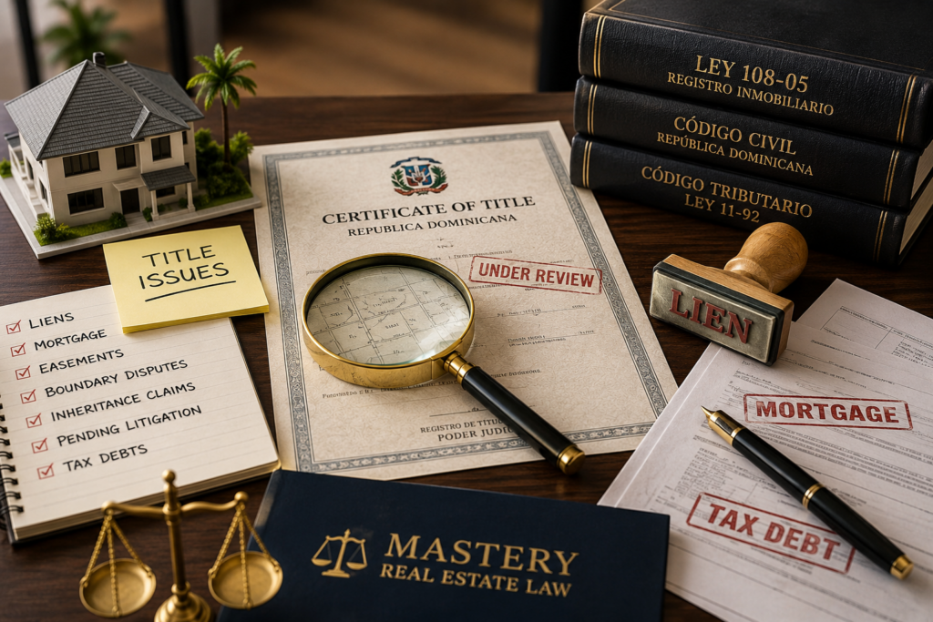 Real estate attorney reviewing a Certificate of Title to identify title problems, liens, and mortgages in the Dominican Republic