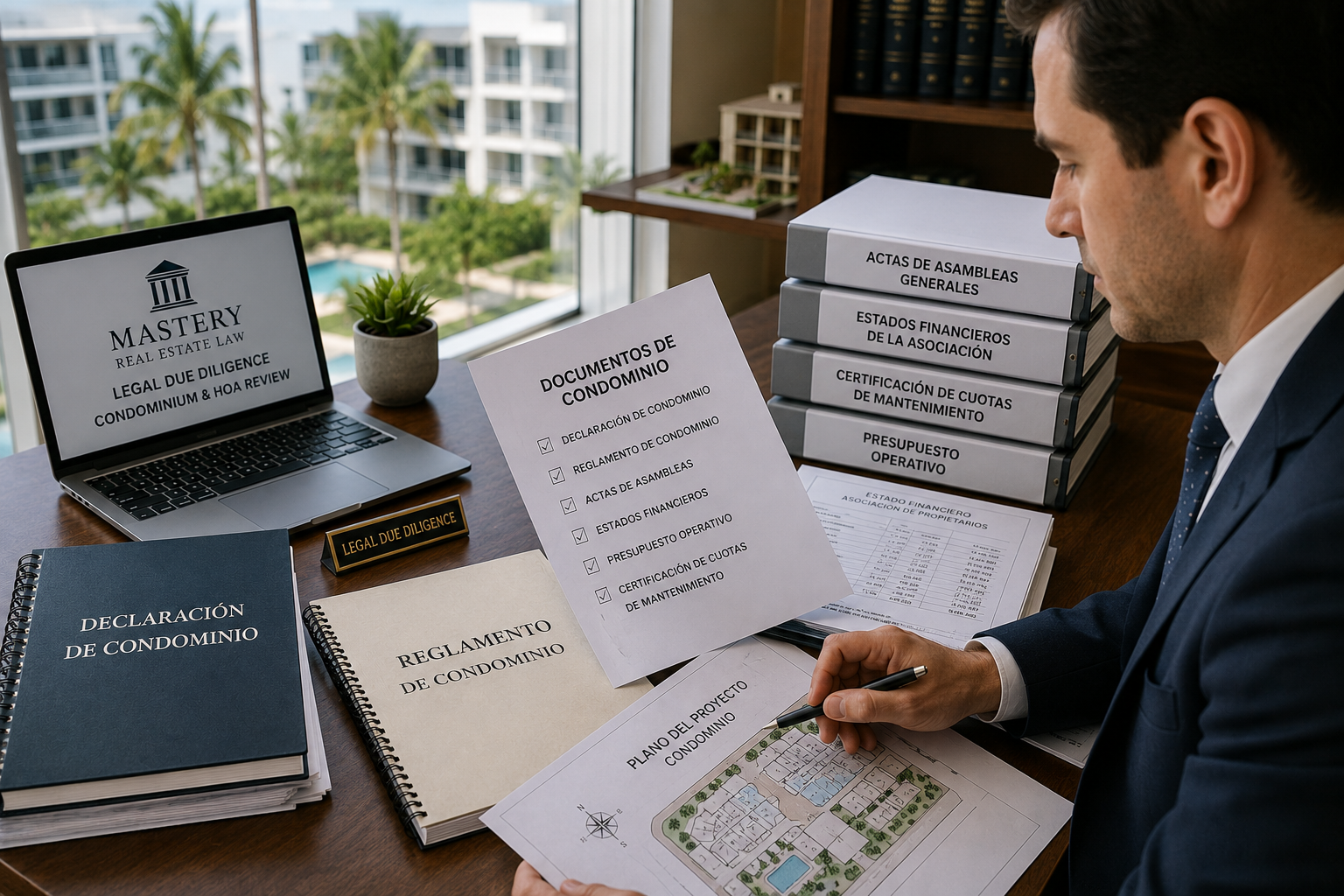 Attorney reviewing condominium regulations and homeowners association documents during due diligence.