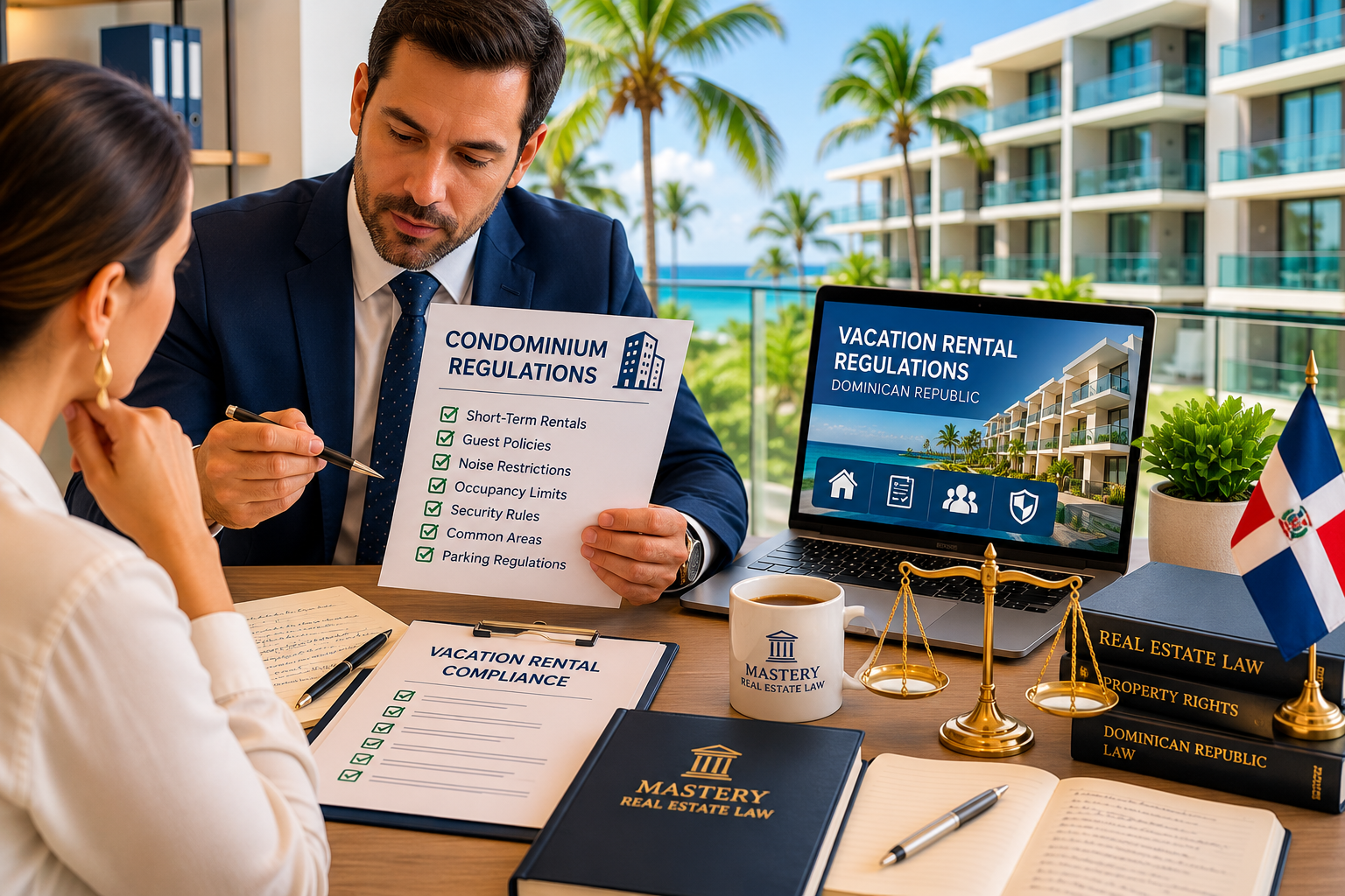 Attorney reviewing condominium regulations affecting vacation rental properties in the Dominican Republic.