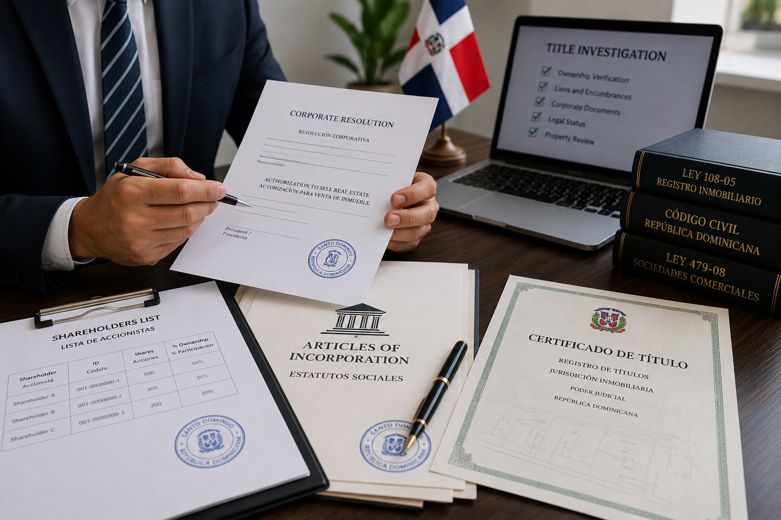 Corporate documents being reviewed during a real estate title investigation in the Dominican Republic.