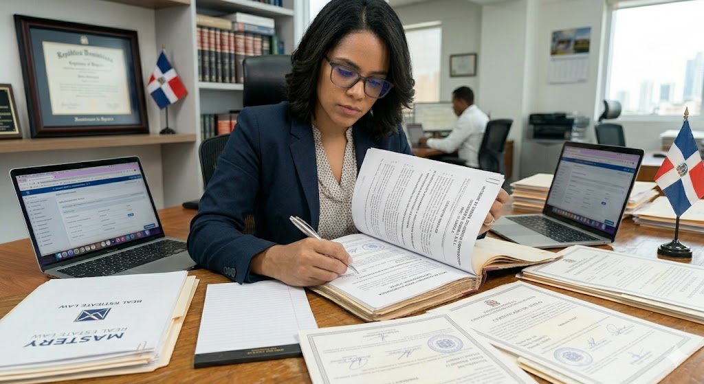 Attorney reviewing corporate documents during a real estate due diligence investigation in the Dominican Republic.