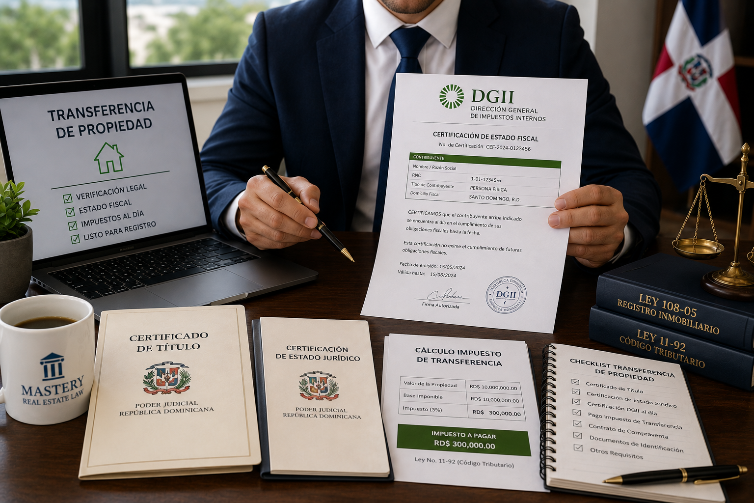 Tax documentation being reviewed before completing a property transfer in the Dominican Republic.