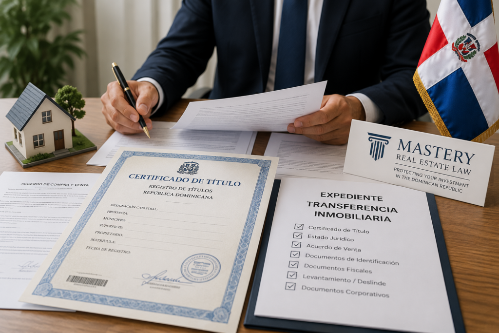 Documents required for a property transfer in the Dominican Republic, including the Certificate of Title, legal documents, and tax records reviewed by a real estate attorney.