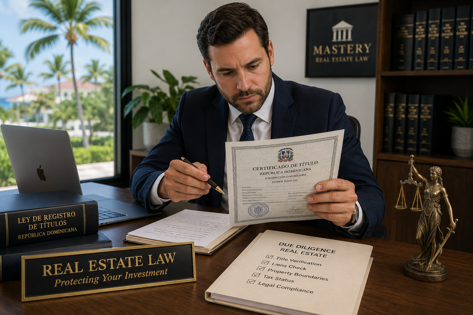 Real estate attorney reviewing a Dominican Certificate of Title during legal due diligence