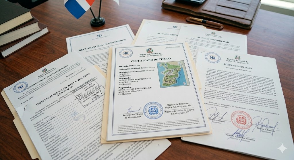 Dominican Certificate of Title and legal documents related to inherited real estate.