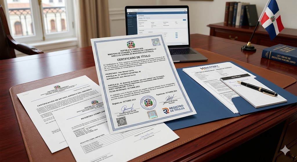 Dominican Certificate of Title and legal property ownership documents displayed during a real estate due diligence review in the Dominican Republic.