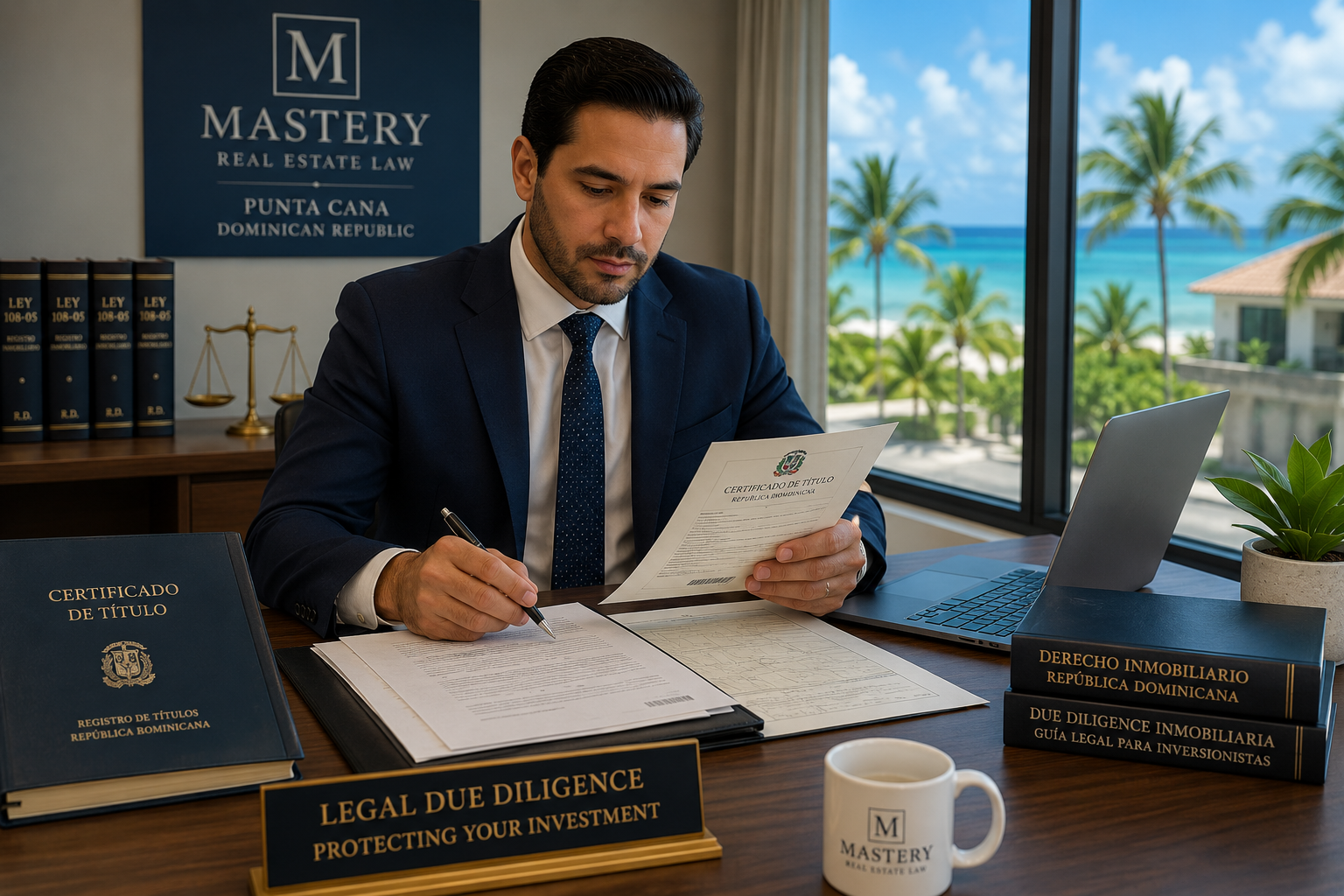 Real estate attorney reviewing Dominican property documents during legal due diligence.