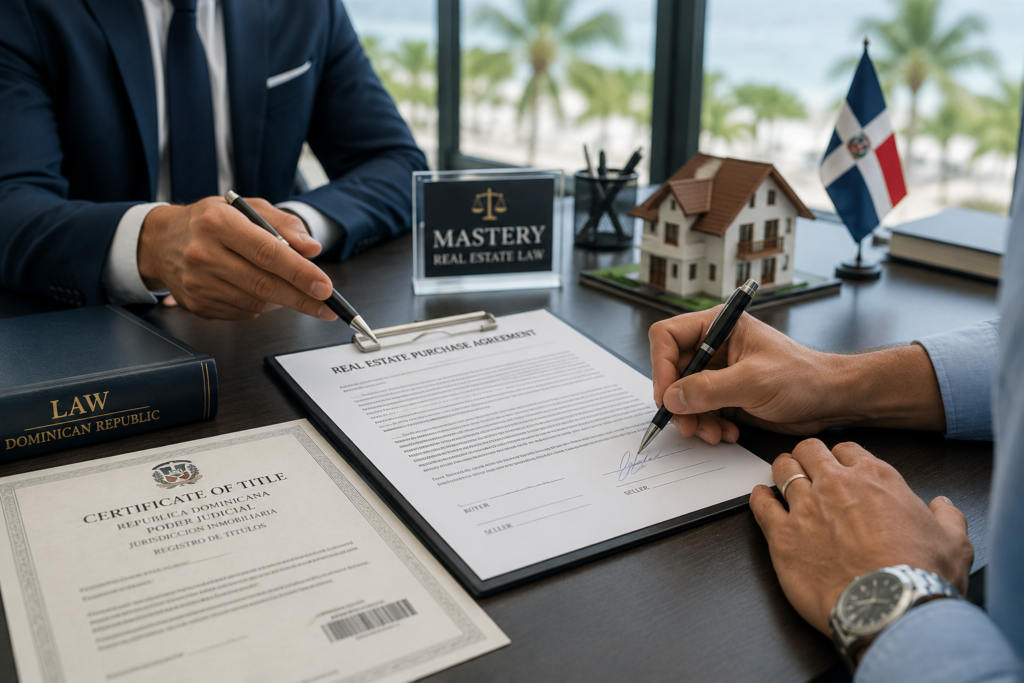 Dominican real estate attorney reviewing a purchase agreement with a foreign buyer before signing a property transaction in the Dominican Republic.