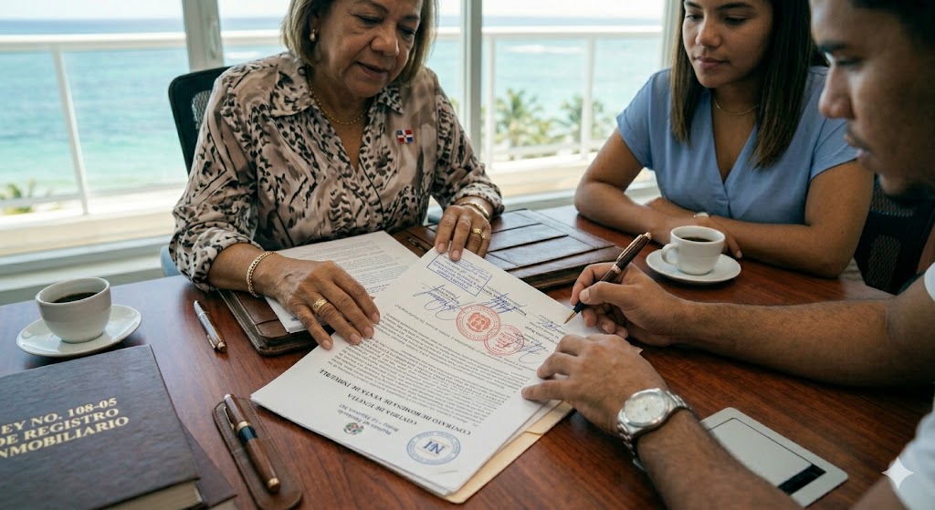 Foreign buyer reviewing and signing a Dominican real estate purchase agreement with a real estate attorney in Punta Cana, Dominican Republic.