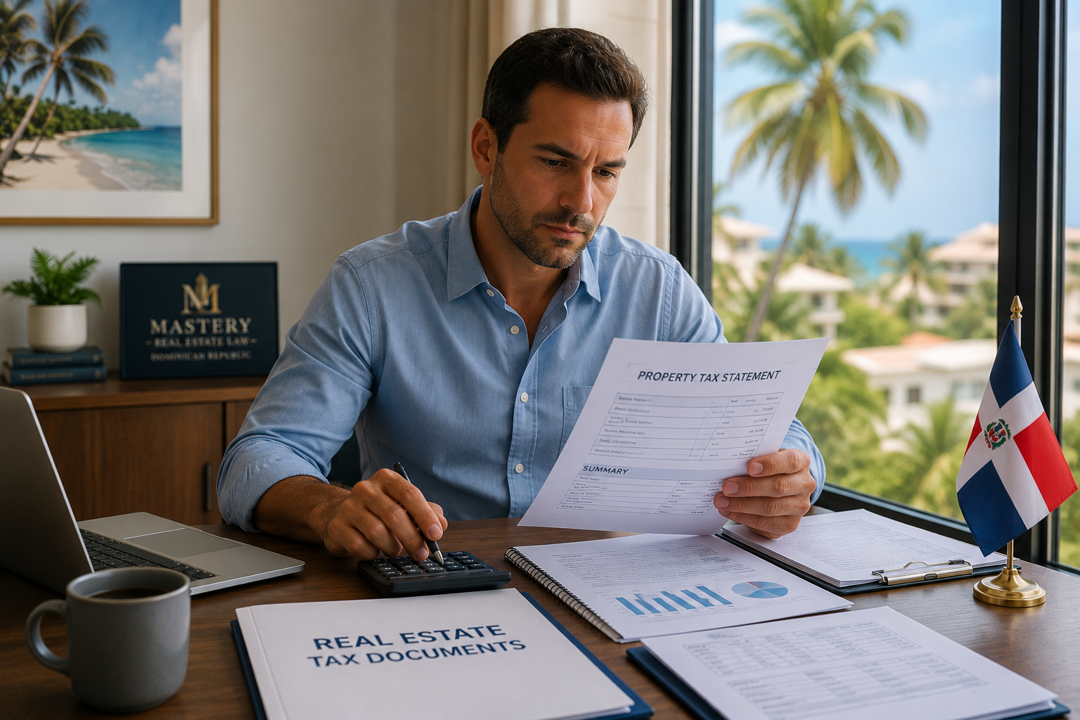 Property owner reviewing real estate tax documents in the Dominican Republic.