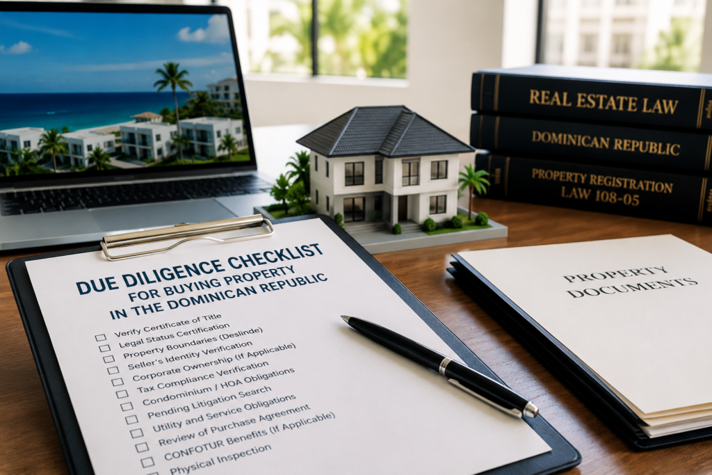 Due diligence checklist for buying property in the Dominican Republic with legal documents, Certificate of Title, and real estate attorney review.