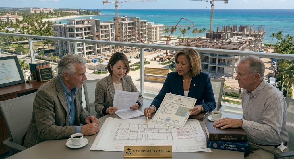 Real estate lawyer reviewing property documents with foreign investors in Punta Cana, Dominican Republic.