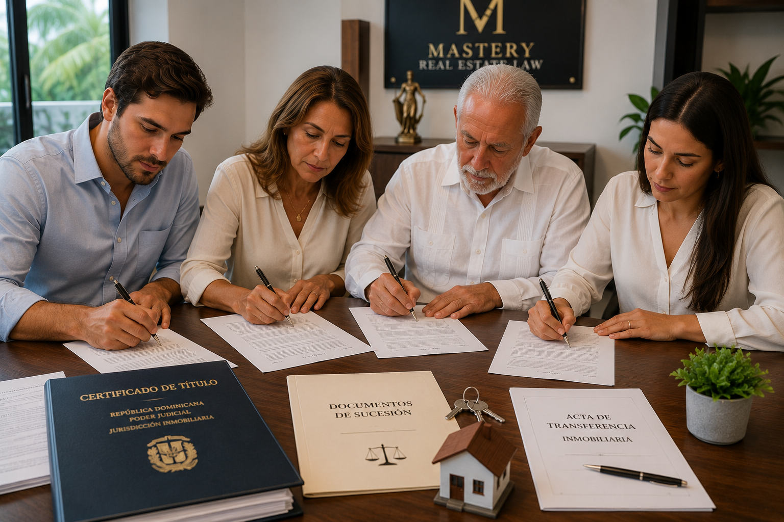 Heirs signing legal documents to transfer inherited real estate in the Dominican Republic.