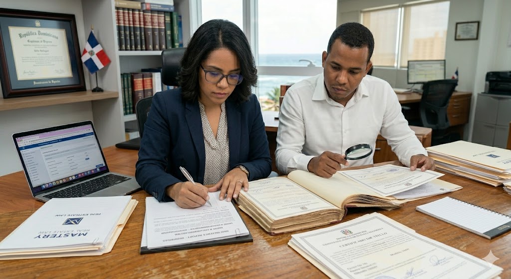Real estate attorney conducting a legal due diligence investigation before a property purchase in the Dominican Republic.