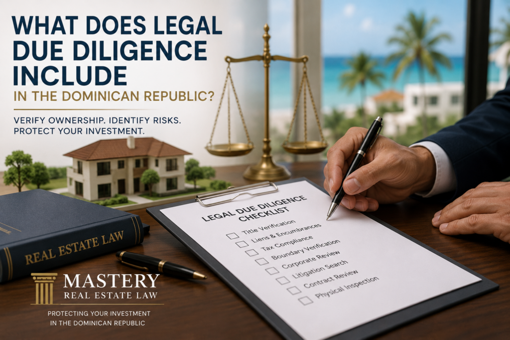 Legal due diligence review for a real estate purchase in the Dominican Republic, including title verification, legal checklist, and property investment protection.