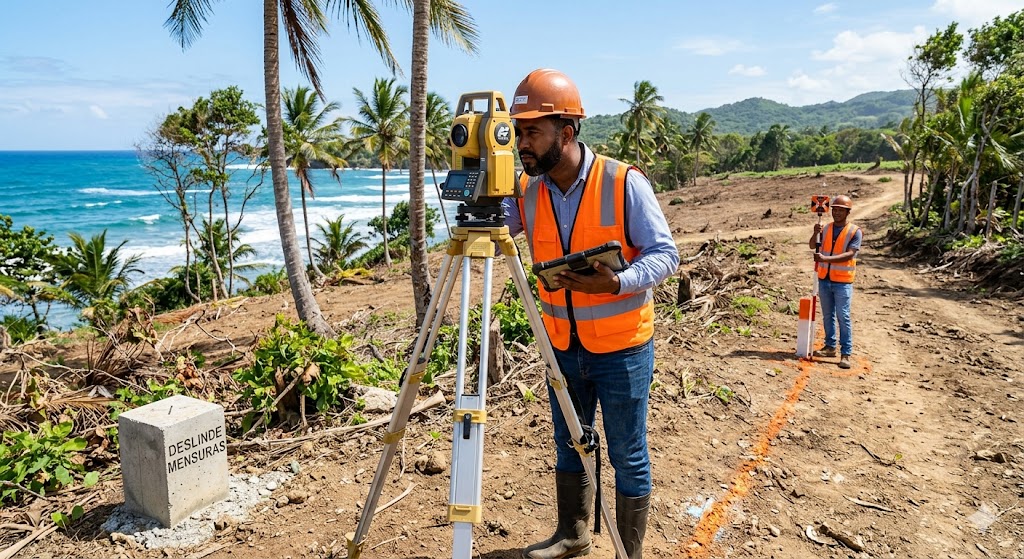 Surveyor conducting property boundary verification during the Deslinde process in the Dominican Republic.