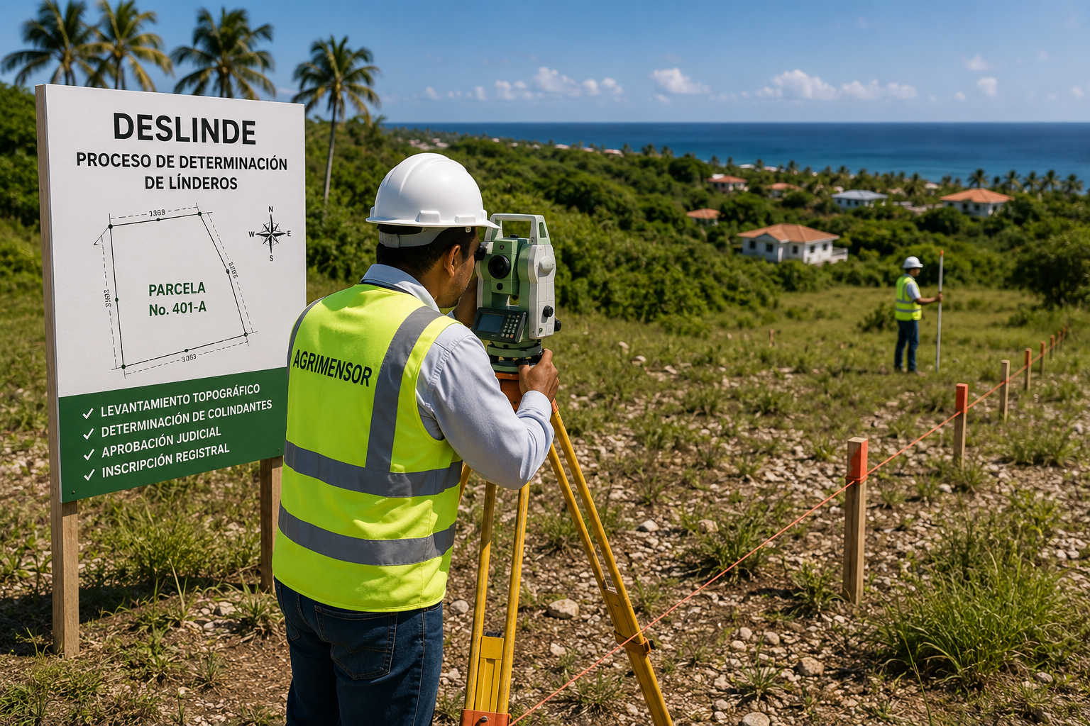 Surveyor conducting property boundary verification during the Deslinde process in the Dominican Republic.