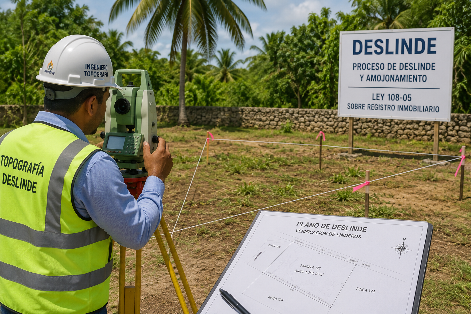 Surveyor verifying property boundaries during the Deslinde process in the Dominican Republic.