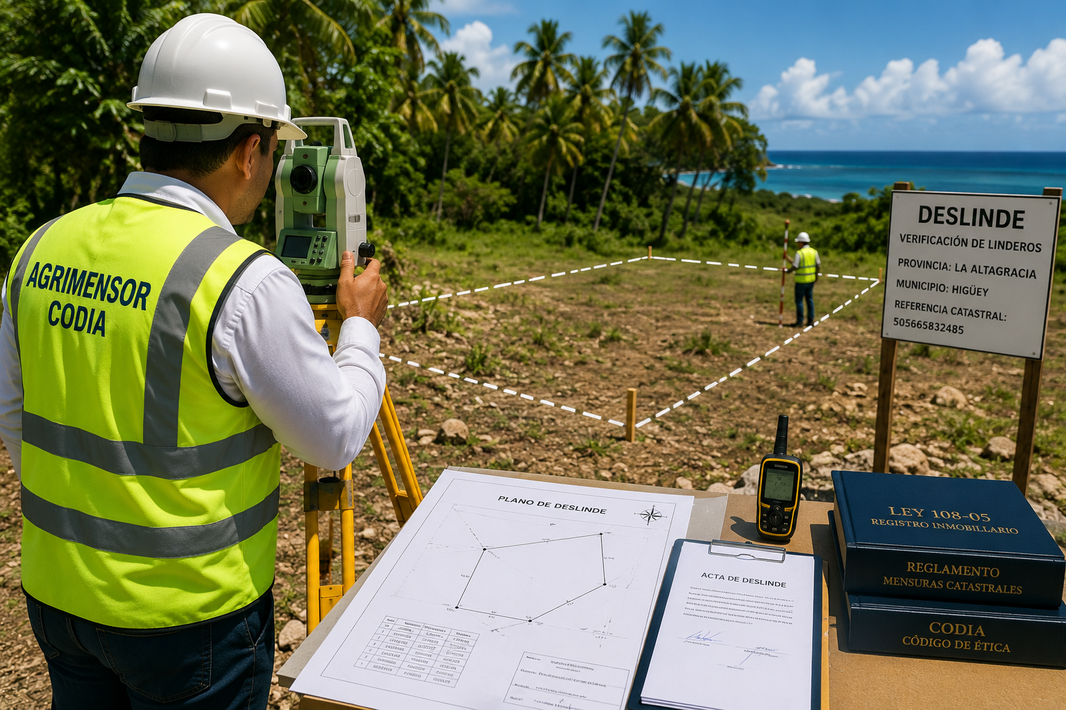 Surveyor reviewing property boundaries during the Deslinde process in the Dominican Republic.
