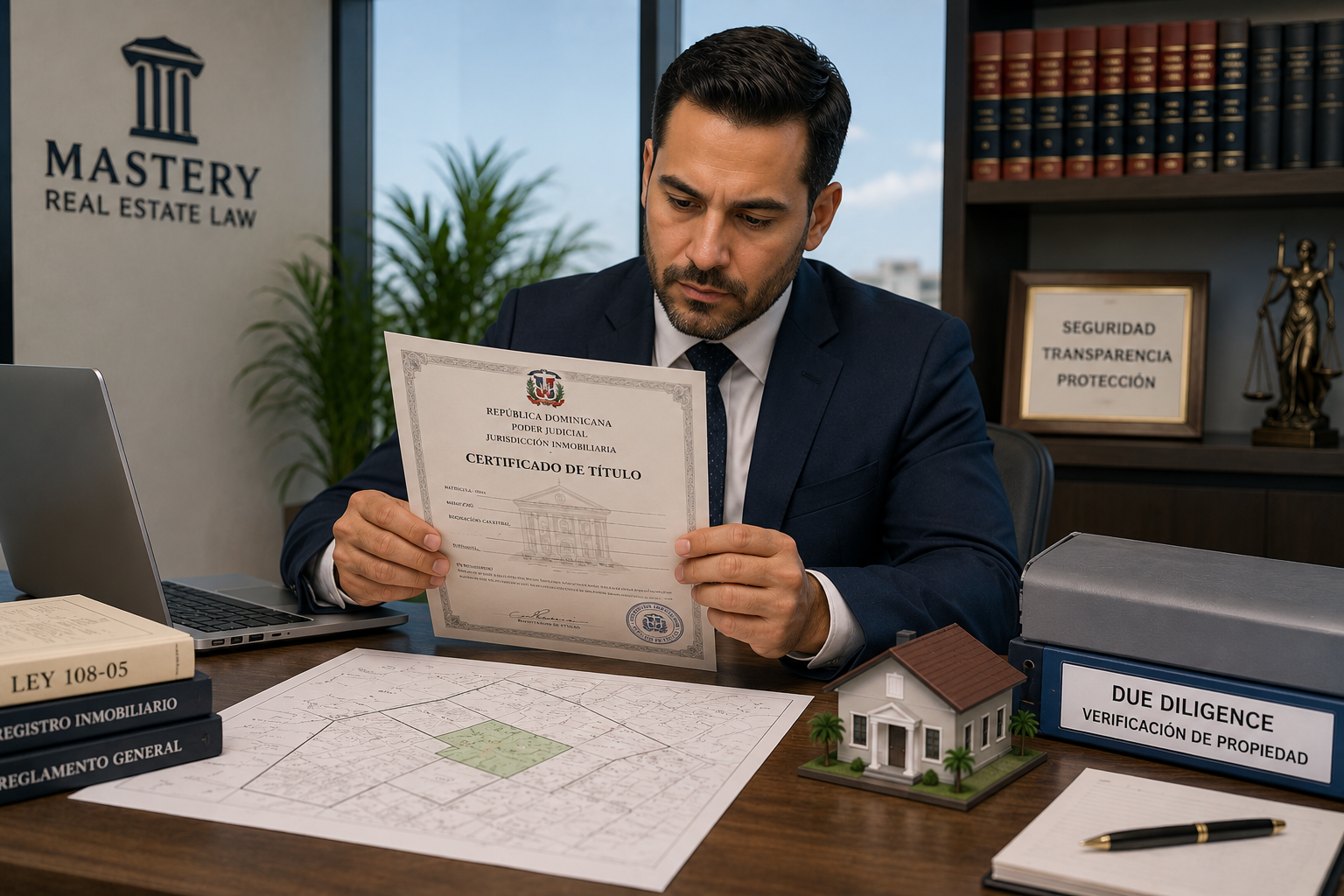 Abogada inmobiliaria de Mastery Real Estate Law revisando minuciosamente un Certificado de Título dominicano original con un sello oficial y un plano catastral en una oficina profesional en Santo Domingo.