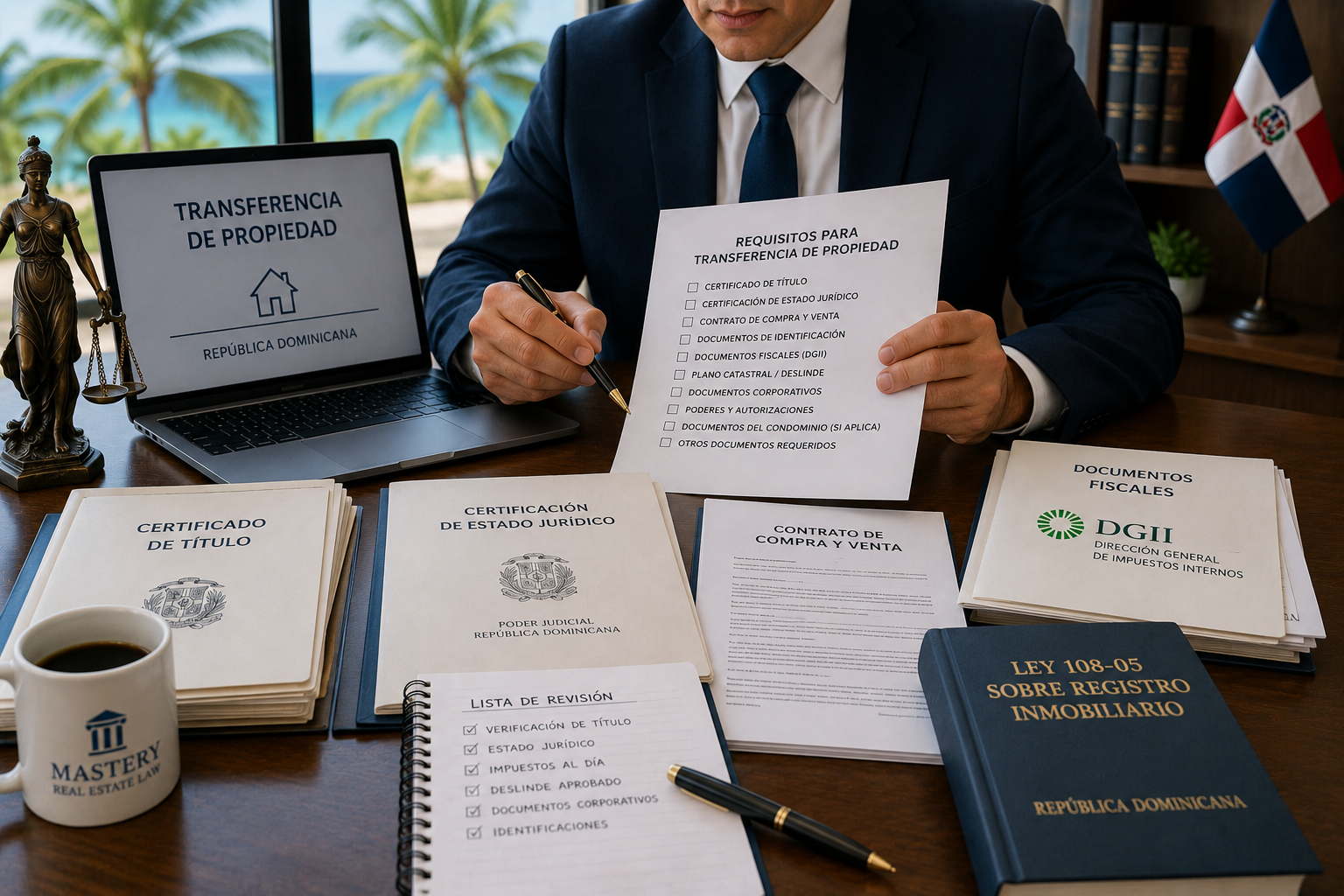 Real estate attorney reviewing documents required for a property transfer in the Dominican Republic.