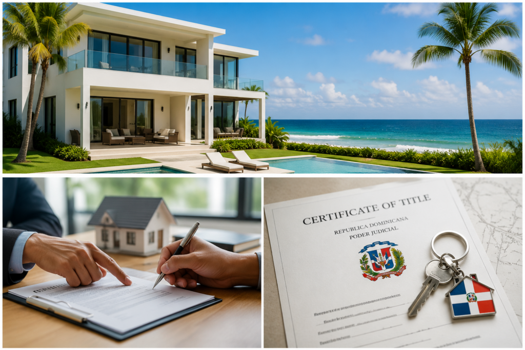 Property transfer process in the Dominican Republic showing a beachfront home, purchase agreement, and Certificate of Title.