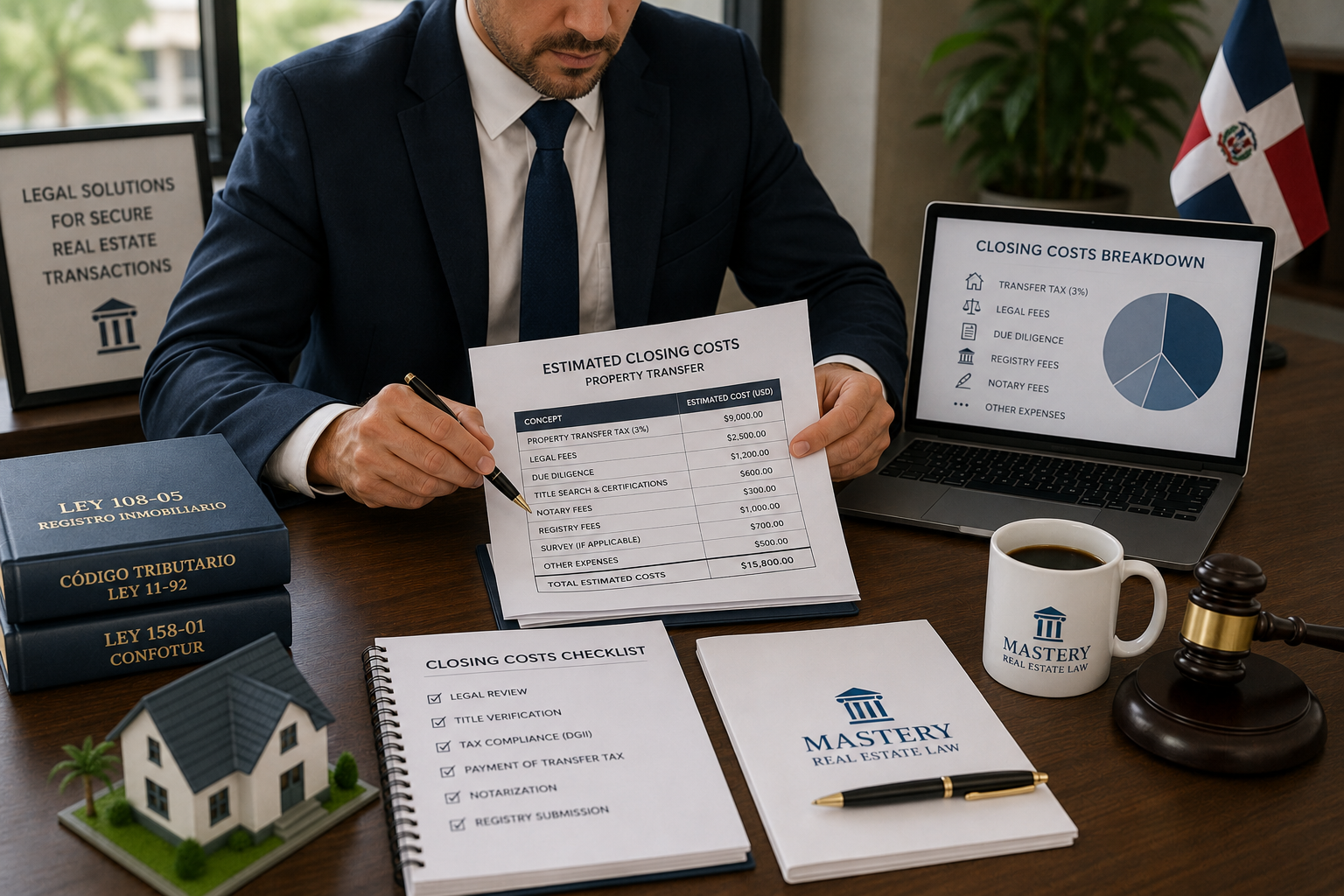 Real estate attorney reviewing legal fees and closing costs associated with a property transfer in the Dominican Republic.