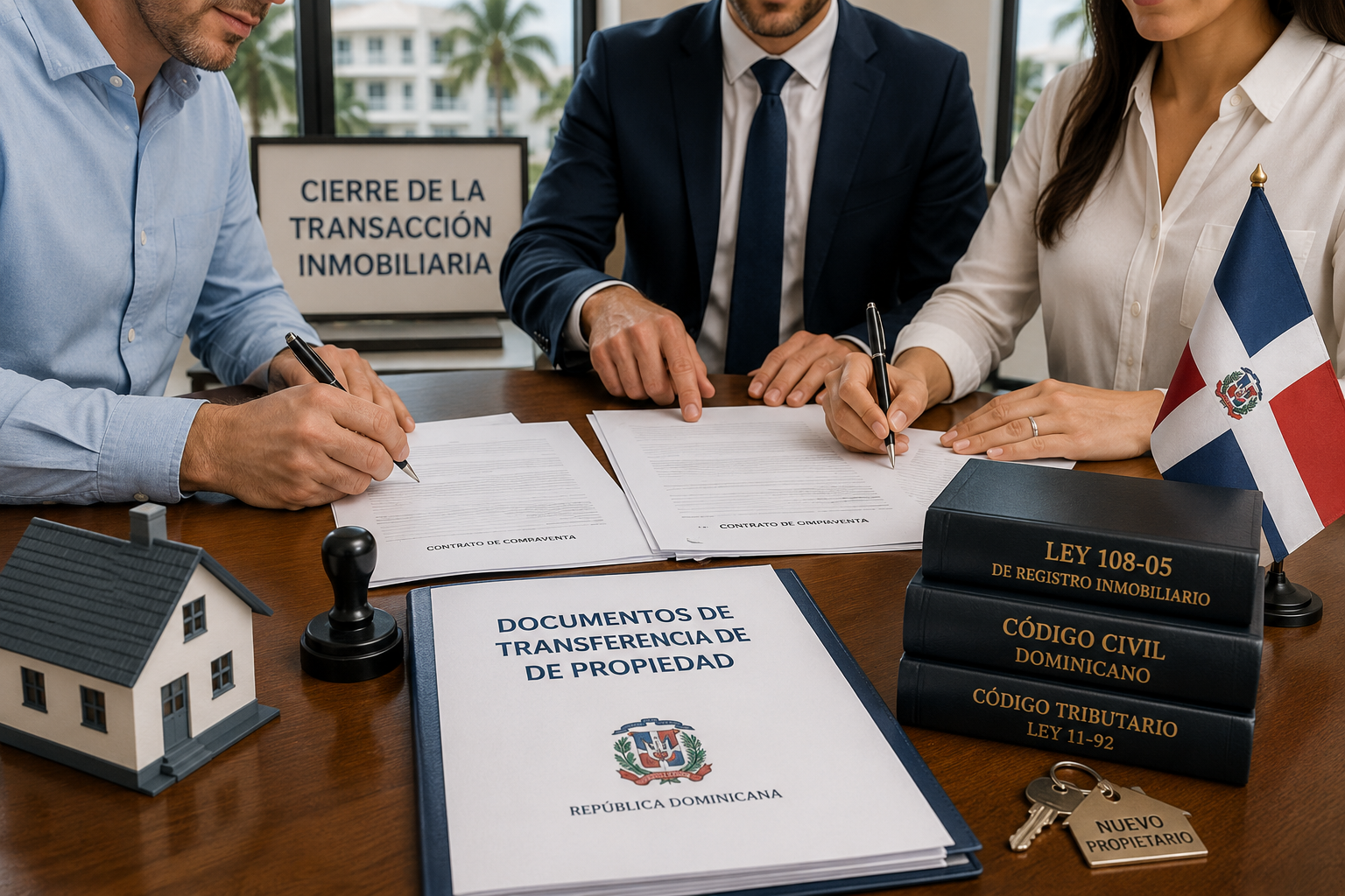 Buyer and seller signing property transfer documents during a real estate closing in the Dominican Republic.