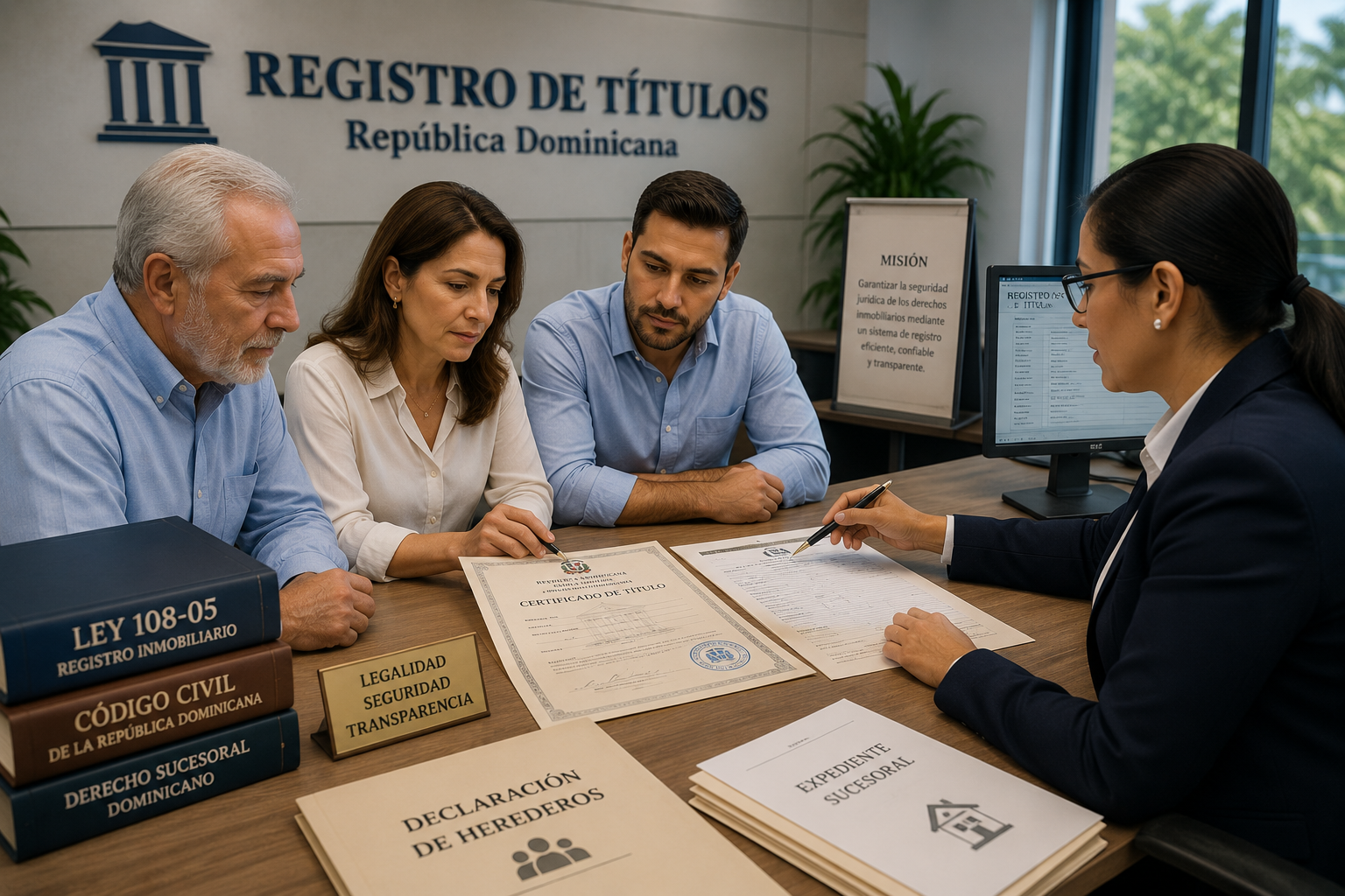 Heirs meeting with a real estate professional at the Dominican Registry of Titles to verify ownership and register inherited property rights.