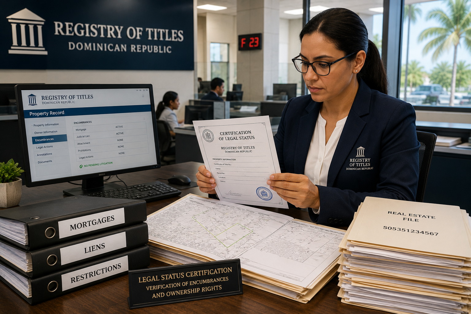 Certification of Legal Status issued by the Dominican Registry of Titles showing ownership information, mortgages, liens, and legal restrictions affecting a property.