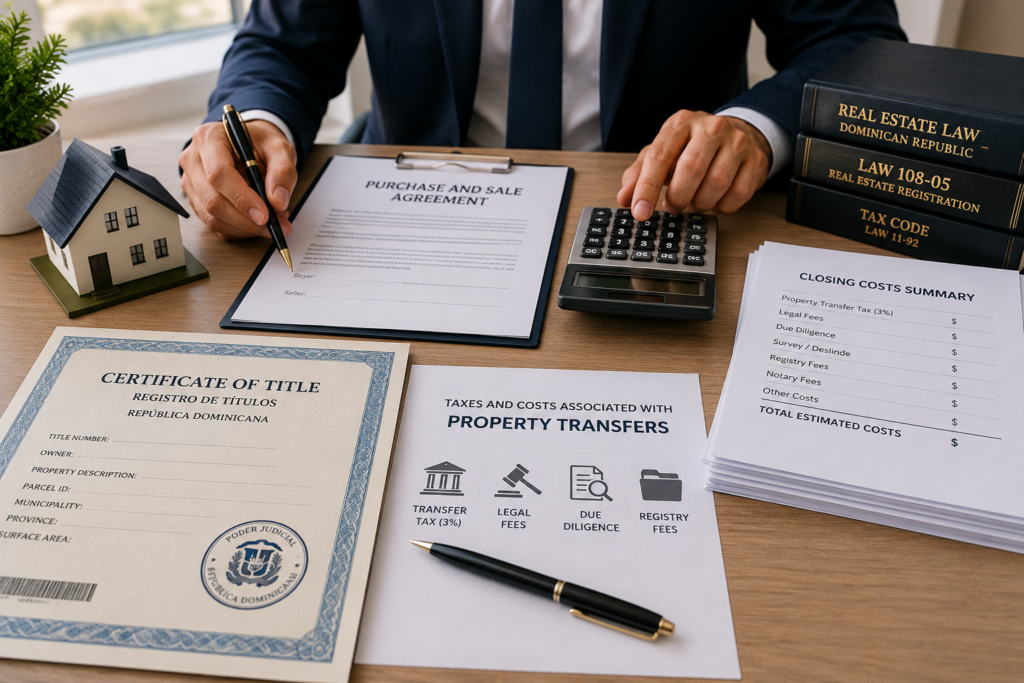 Taxes and Costs Associated with Property Transfers in the Dominican Republic Attorney reviewing property transfer documents, Certificate of Title, legal fees, and closing costs in the Dominican Republic